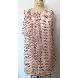 GAP WHITE GRAY RED KISS COTTON BLEND SLEEVELESS RUFFLE BLOUSE L NWT